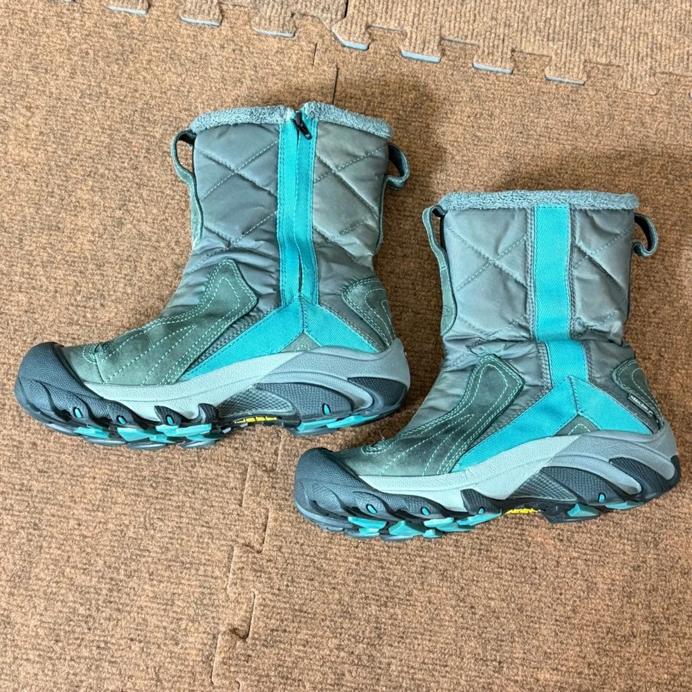 KEEN Dry Waterproof Winter Boots Womens 8 Grey Teal Quilted Insulated 5278-D‎ A+